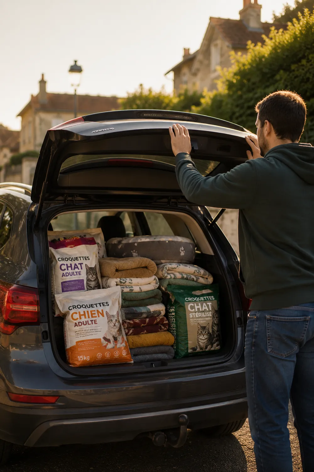 Un donateur referme le coffre de sa voiture, chargé de sacs de croquettes et de couvertures destinés à un refuge.