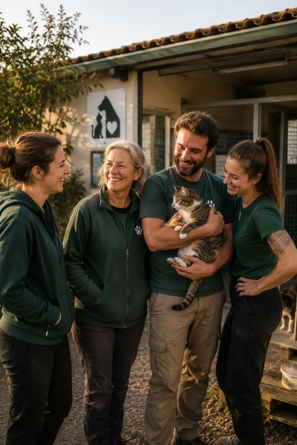 Quatre bénévoles en t-shirt vert sourient devant un refuge, l'un d'eux tenant un chat tigré dans ses bras.